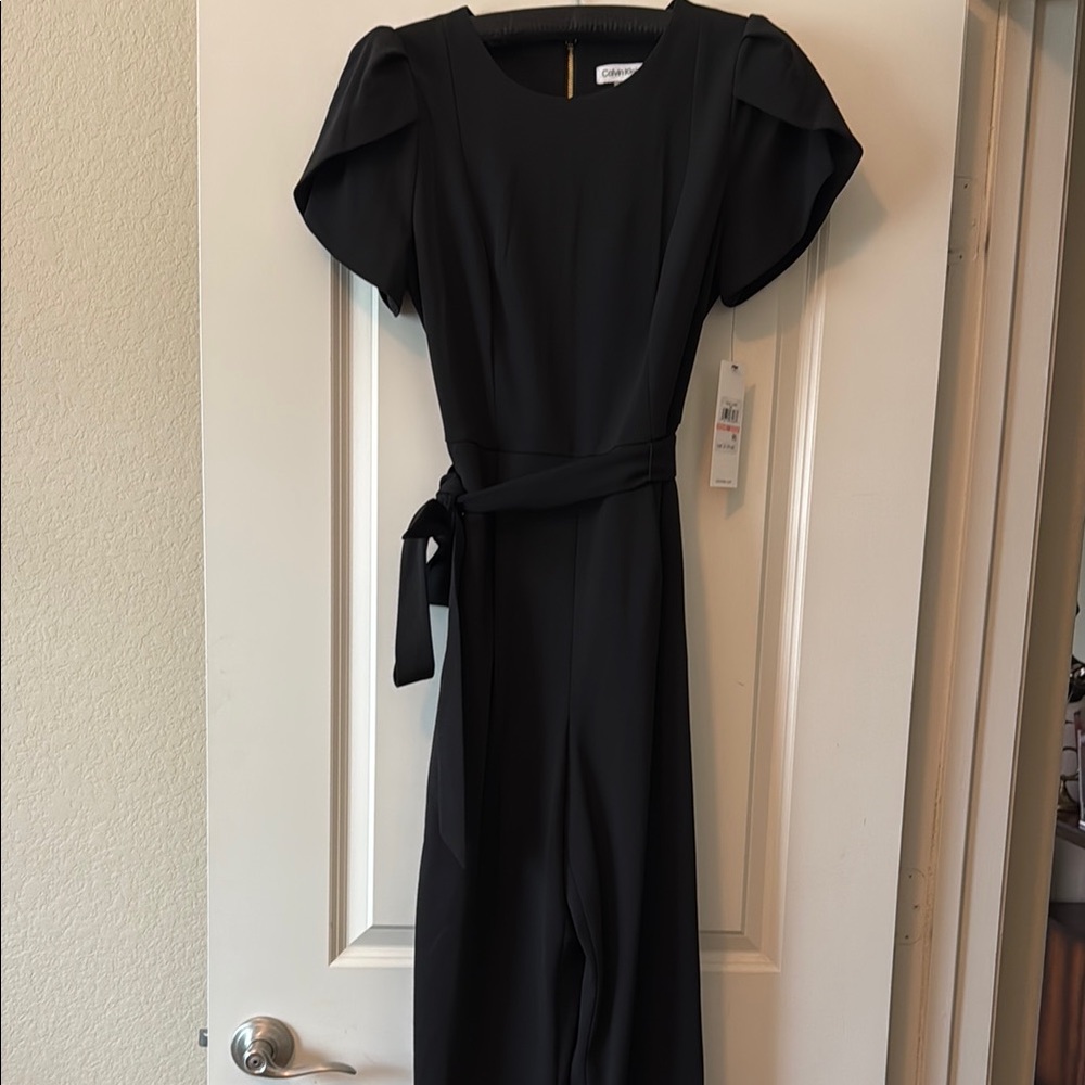 Calvin Klein Black Ribbed Wrap Jumpsuit with Puff Sleeves